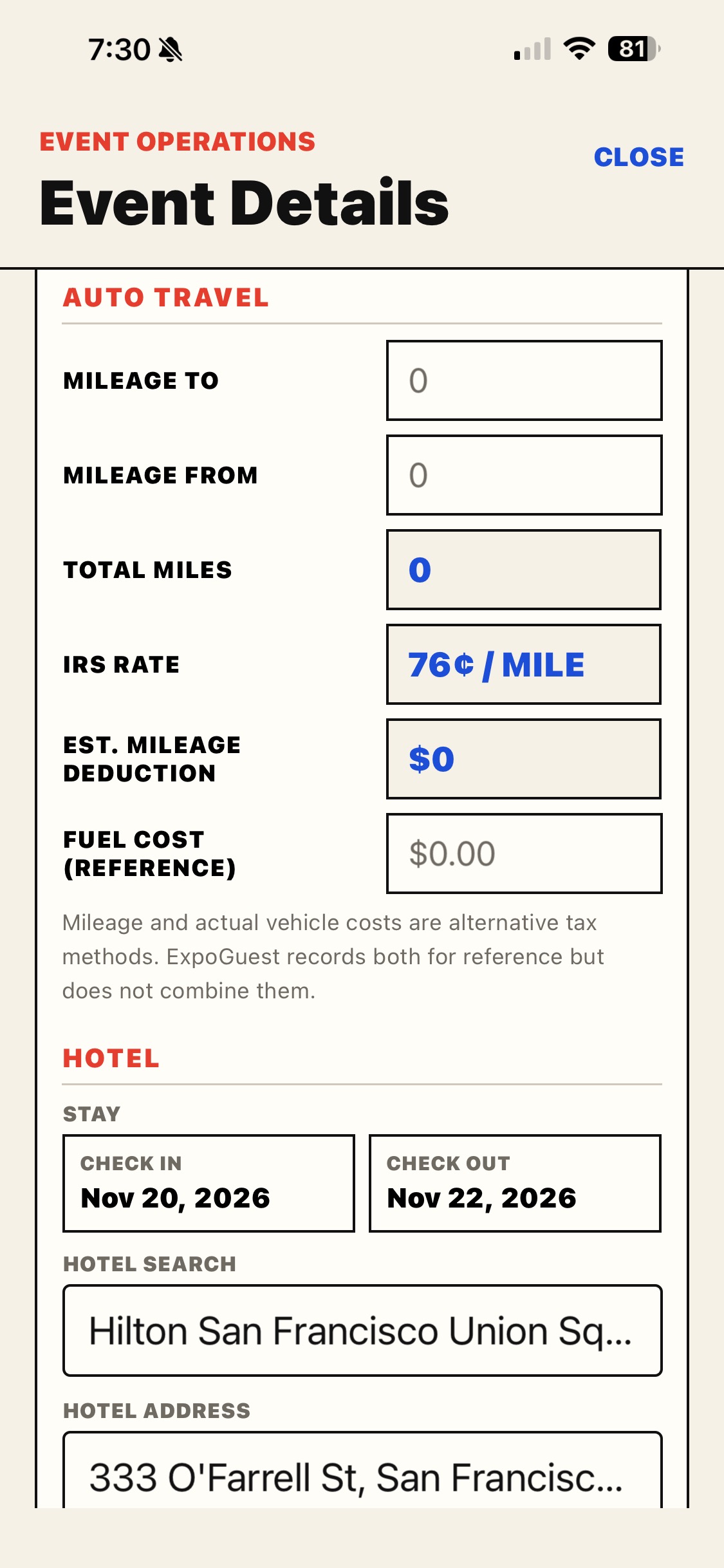 Mileage tracking and hotel details