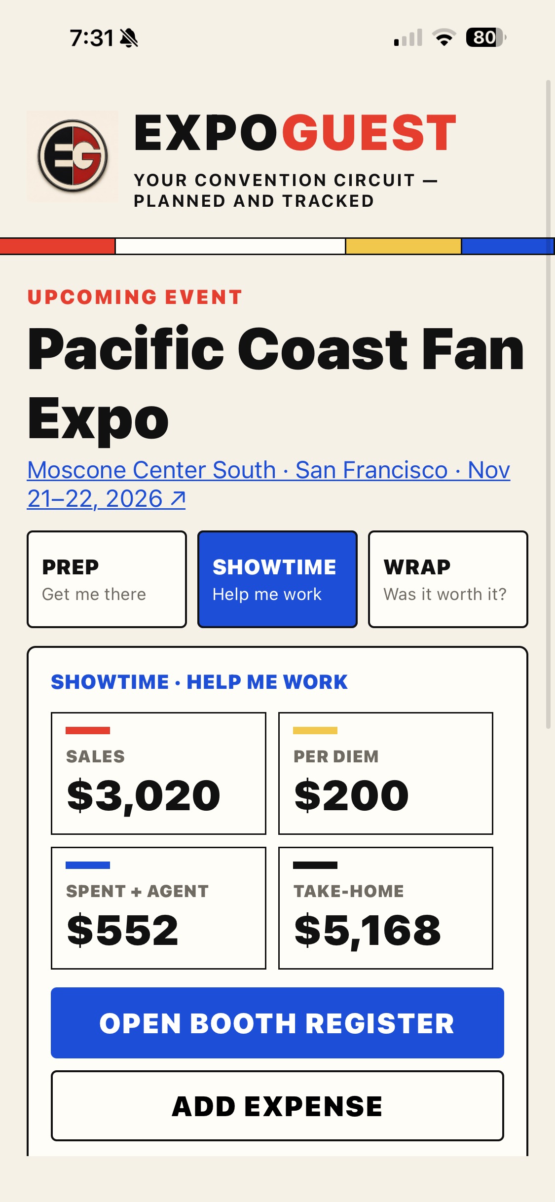 See the event totals and open your booth register.
