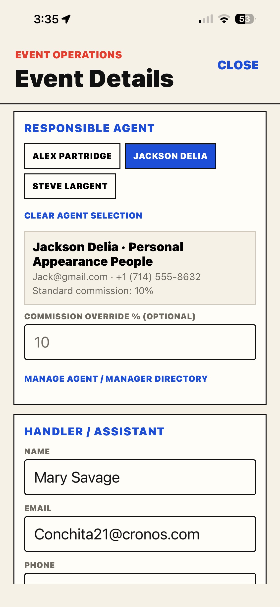 Agent commissions and handler details in one place.