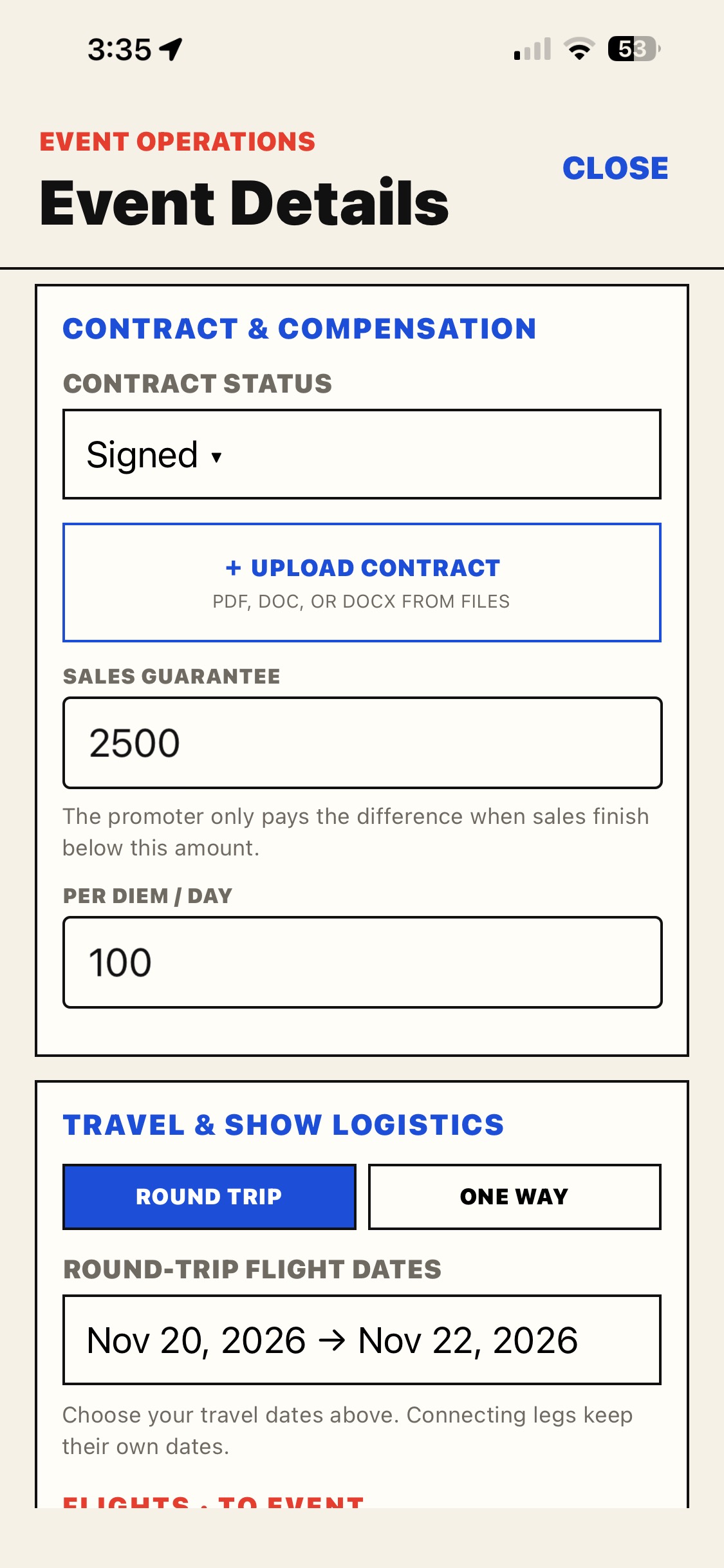 Track contract status, your sales guarantee, and daily per diem.
