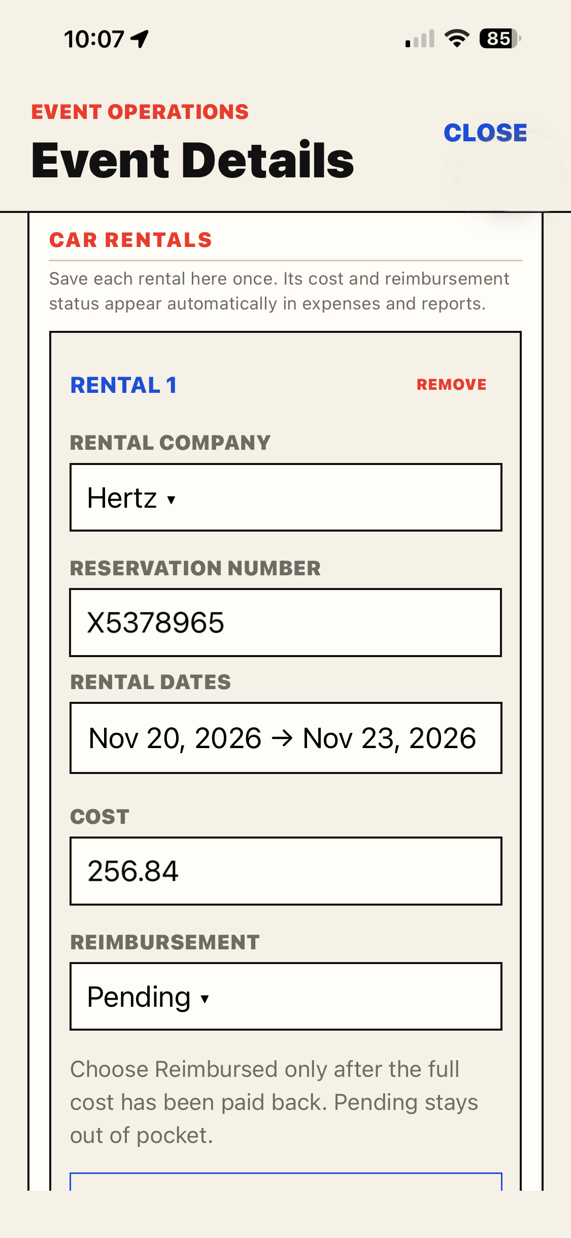 Car rental with company, reservation, date range, cost, and reimbursement status