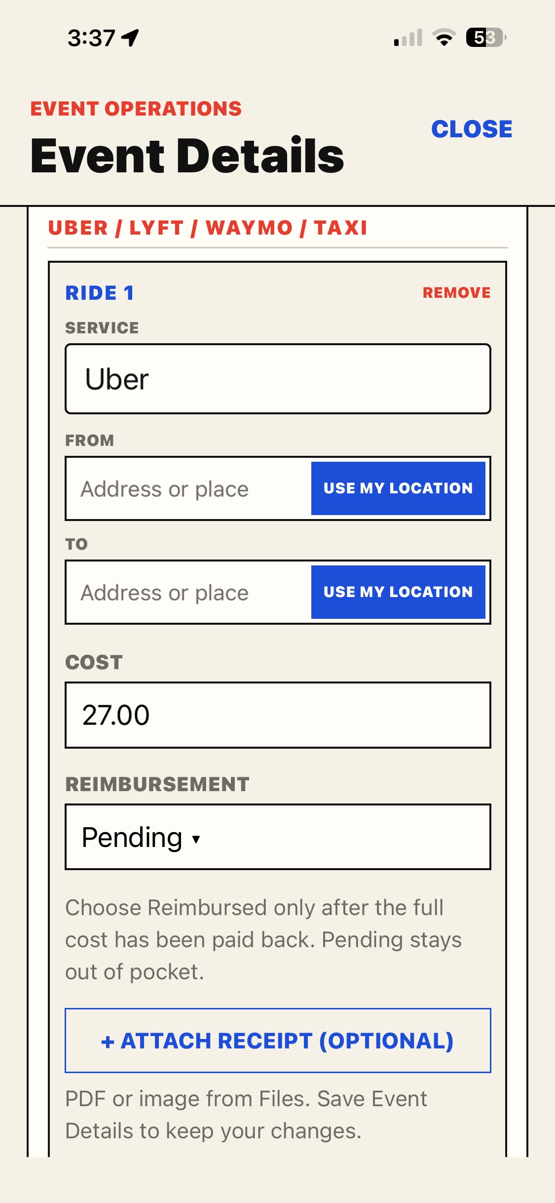 Uber trip cost, pending reimbursement, and an optional receipt attachment