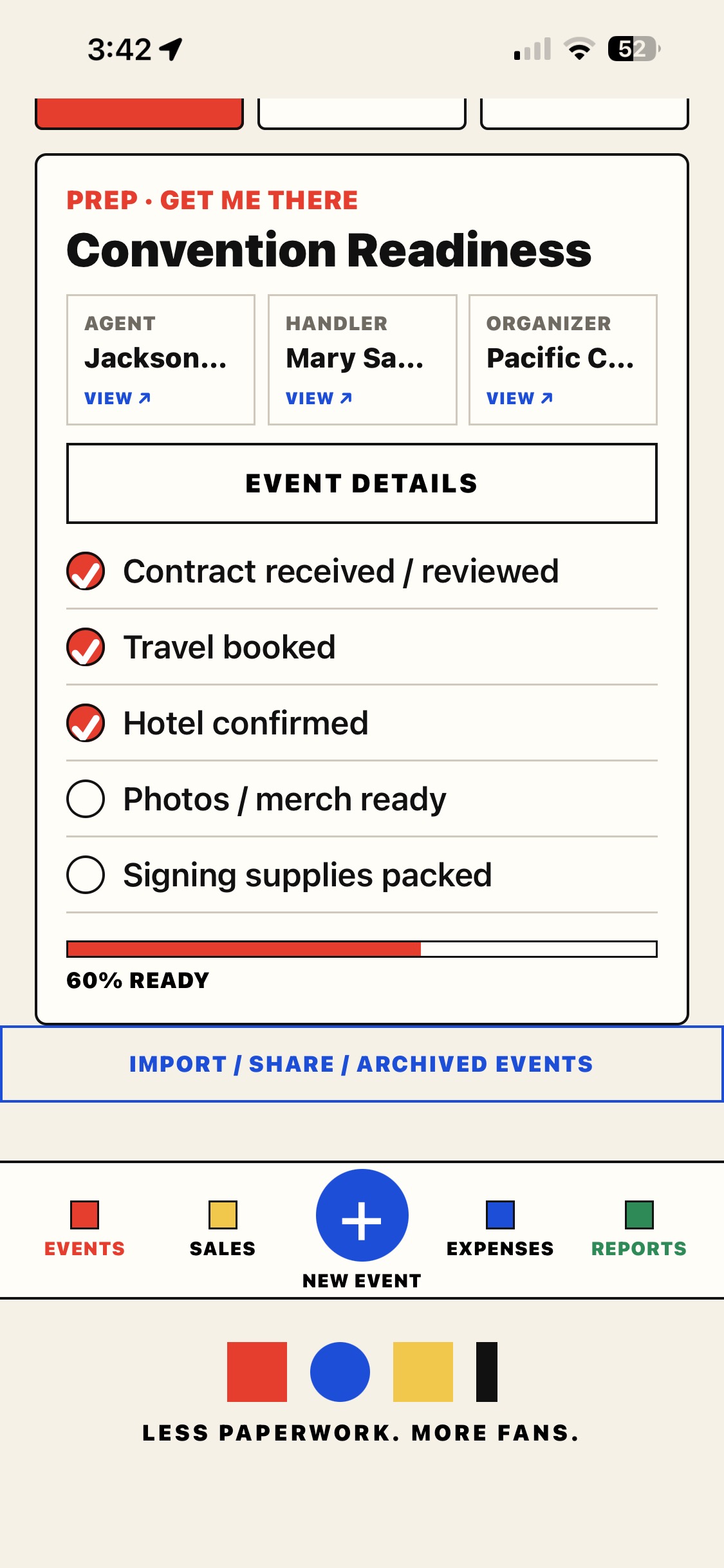 Convention readiness checklist and access to import, share, and archived events